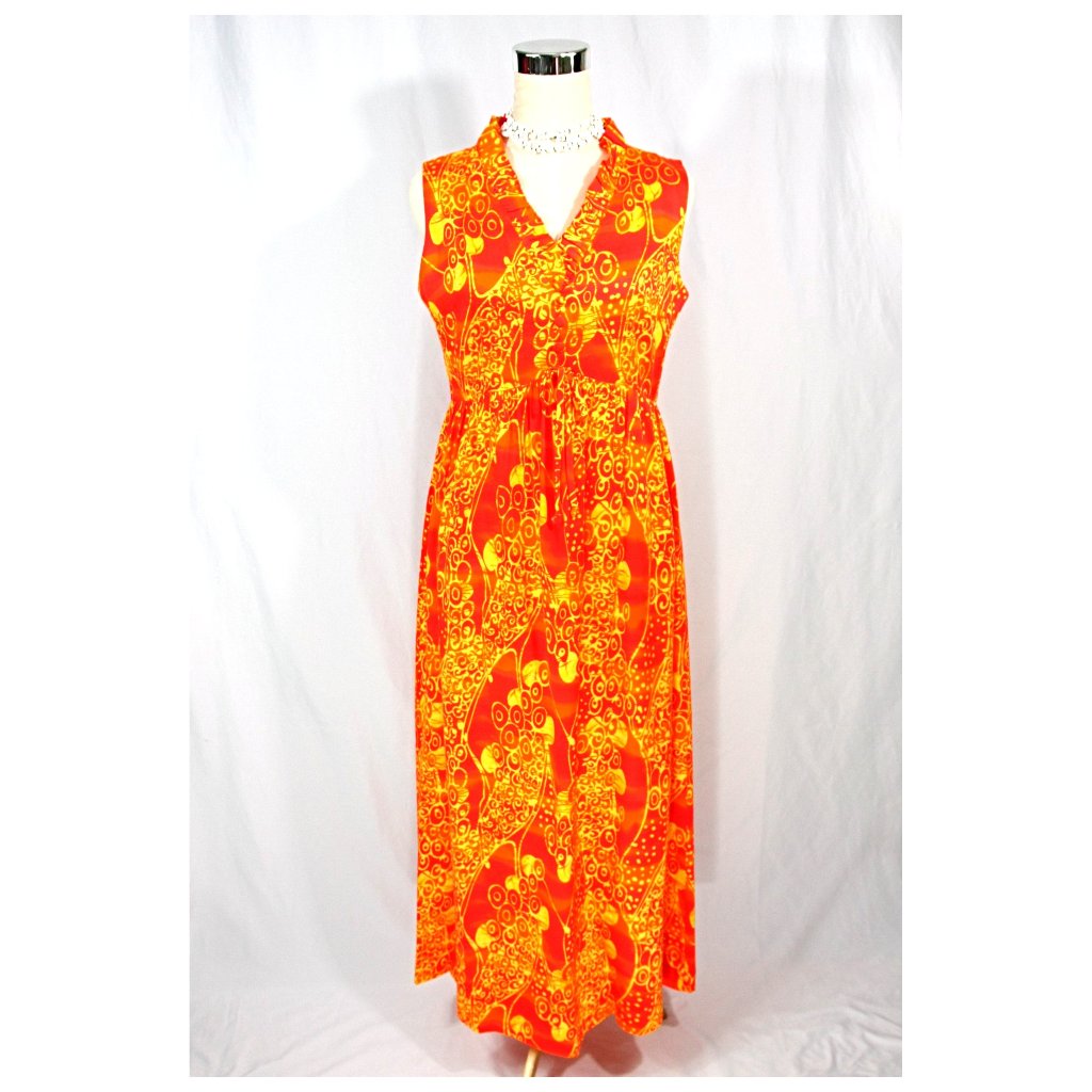 Vintage Nova Honolulu Bright Orange Tropical Maxi Dress Muumuu W Ruffles Bow M